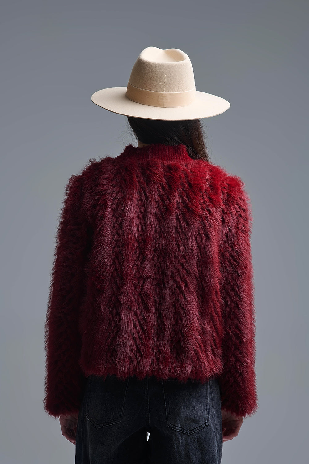 Cropped Jacket in burgundy in fine fur - blazer