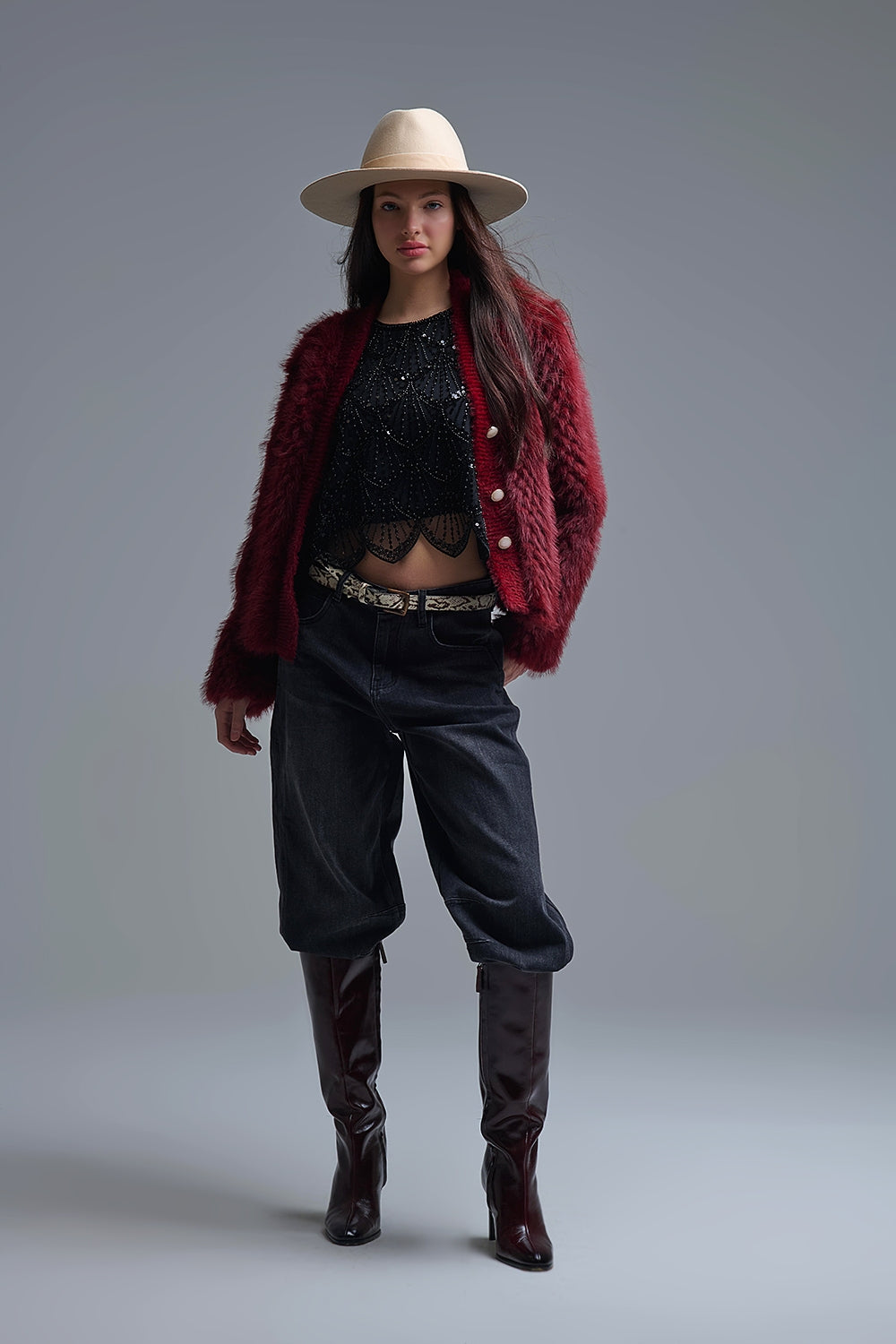 Cropped Jacket in burgundy in fine fur - blazer