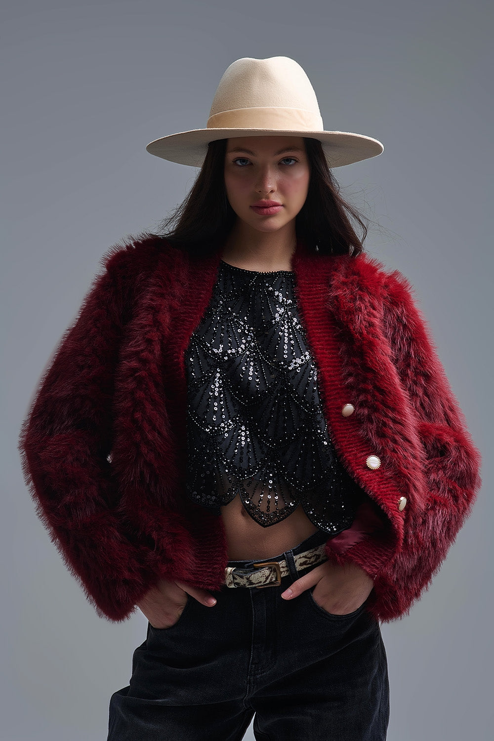 Cropped Jacket in burgundy in fine fur - blazer