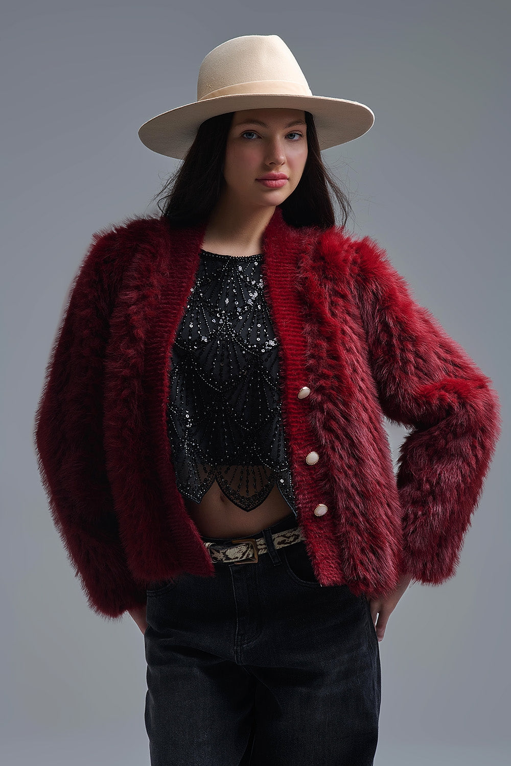 Cropped Jacket in burgundy in fine fur - blazer