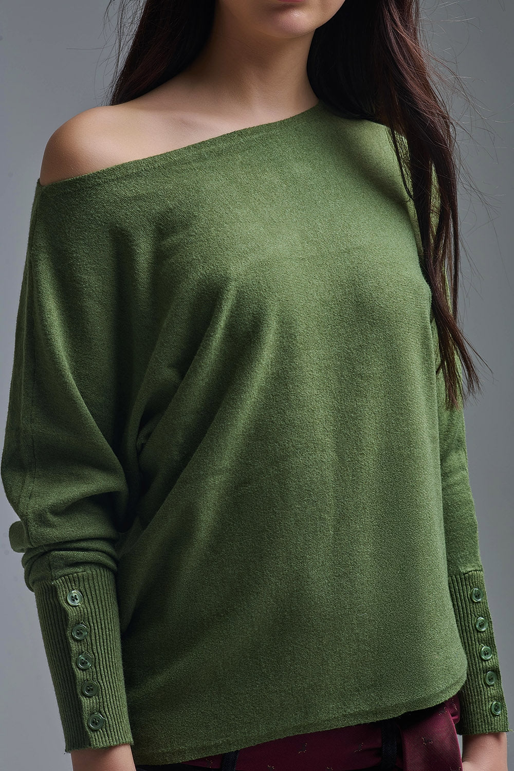 Soft knit olive green Sweater with sleeve button details