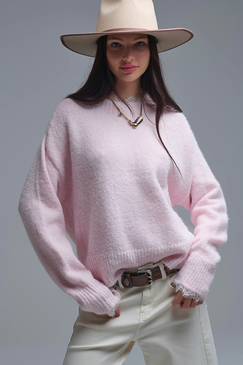 Long Oversized Pink Sweater With Lace Details at Cuffs and Neck - jumper