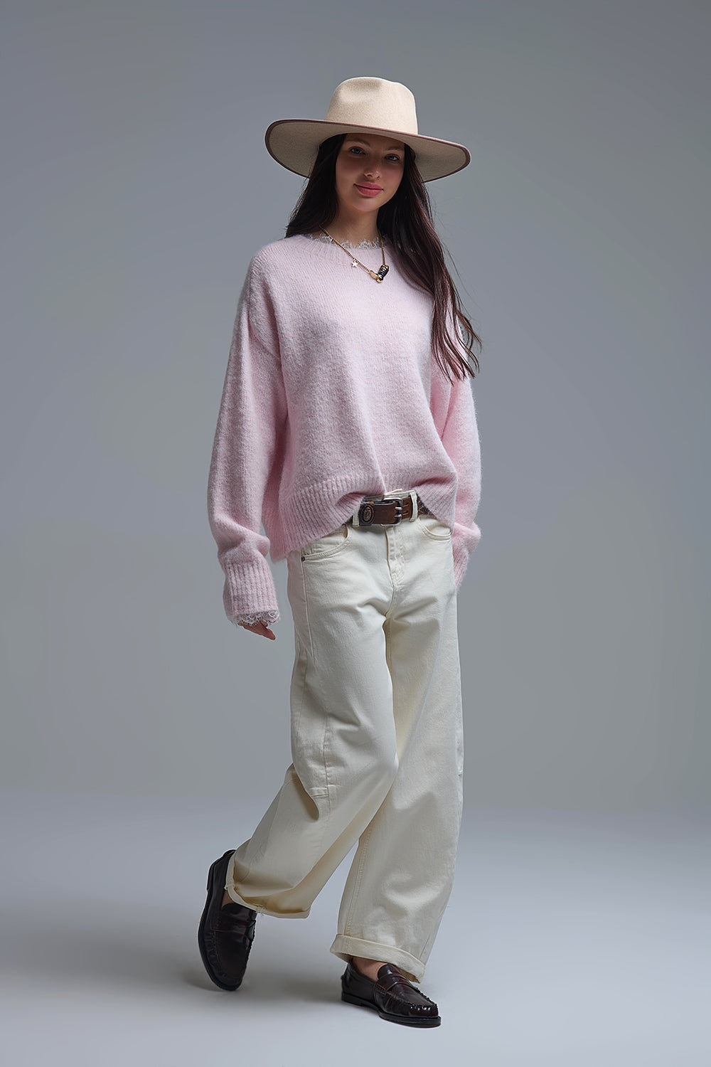 Long Oversized Pink Sweater With Lace Details at Cuffs and Neck - jumper