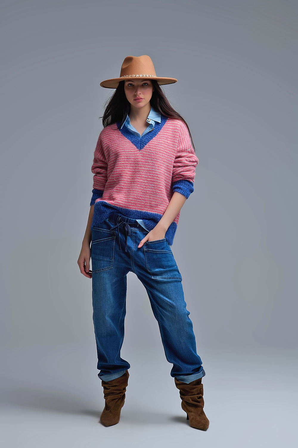 Relaxed fit Jeans with front pockets and a tie at the waist - Denim