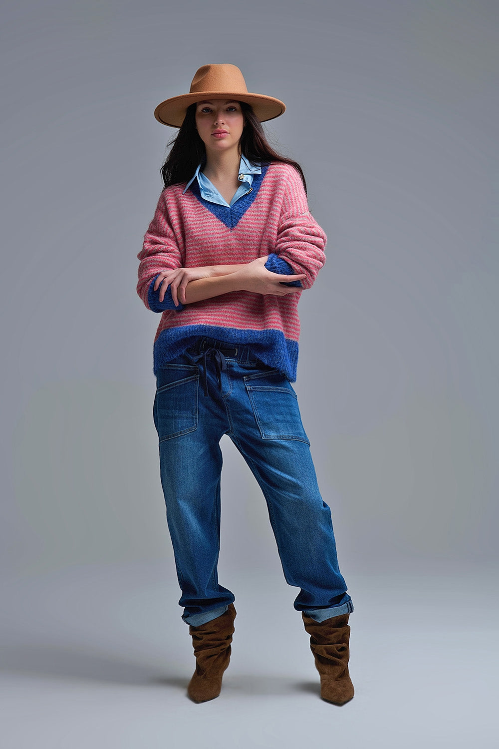 Fuchsia Striped Knit Sweater with Blue Details