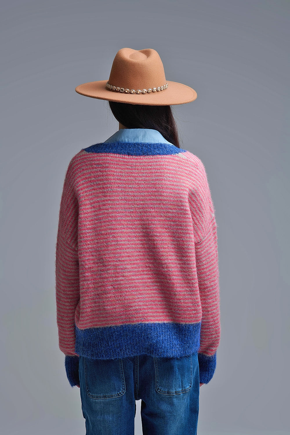 Fuchsia Striped Knit Sweater with Blue Details