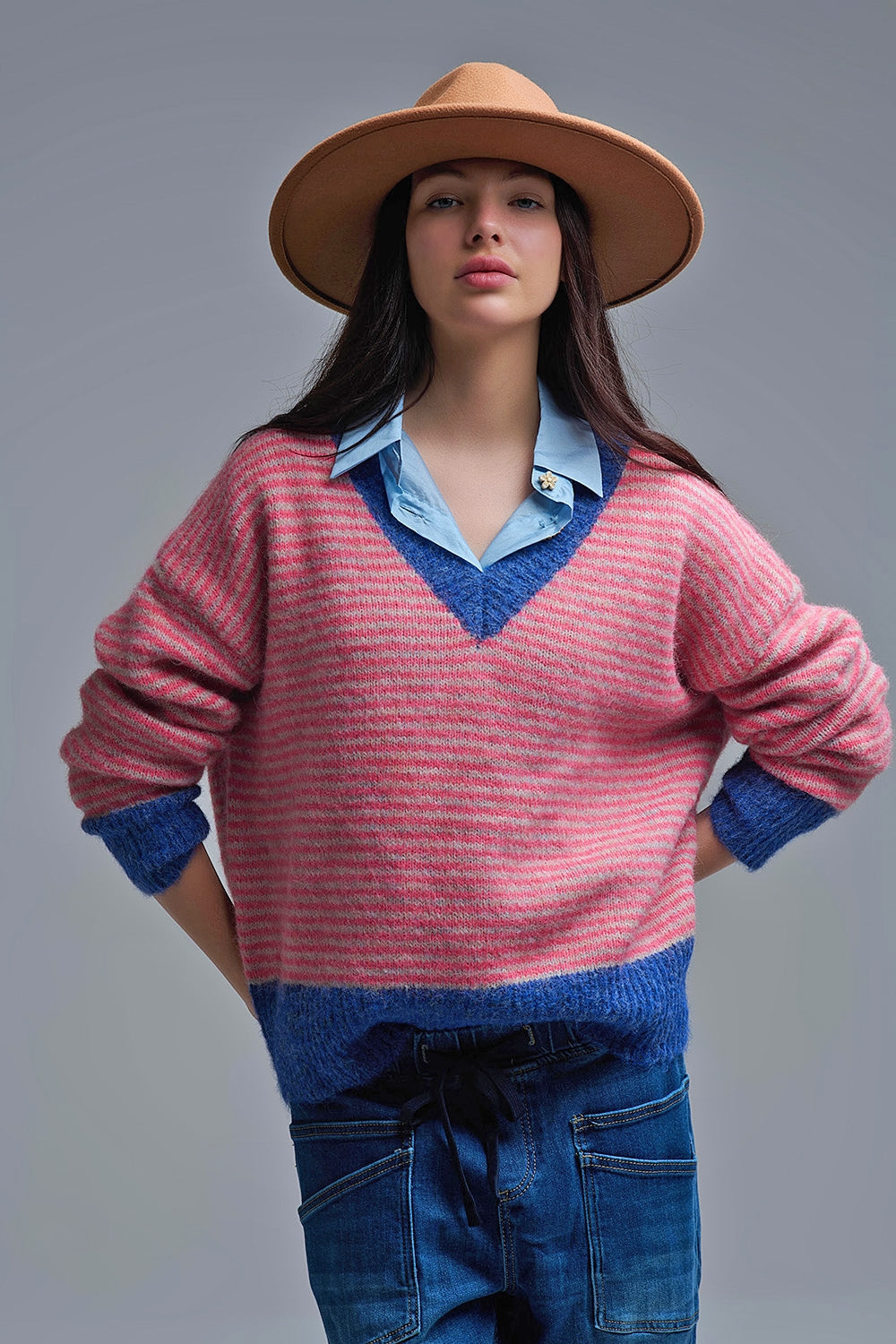 Fuchsia Striped Knit Sweater with Blue Details