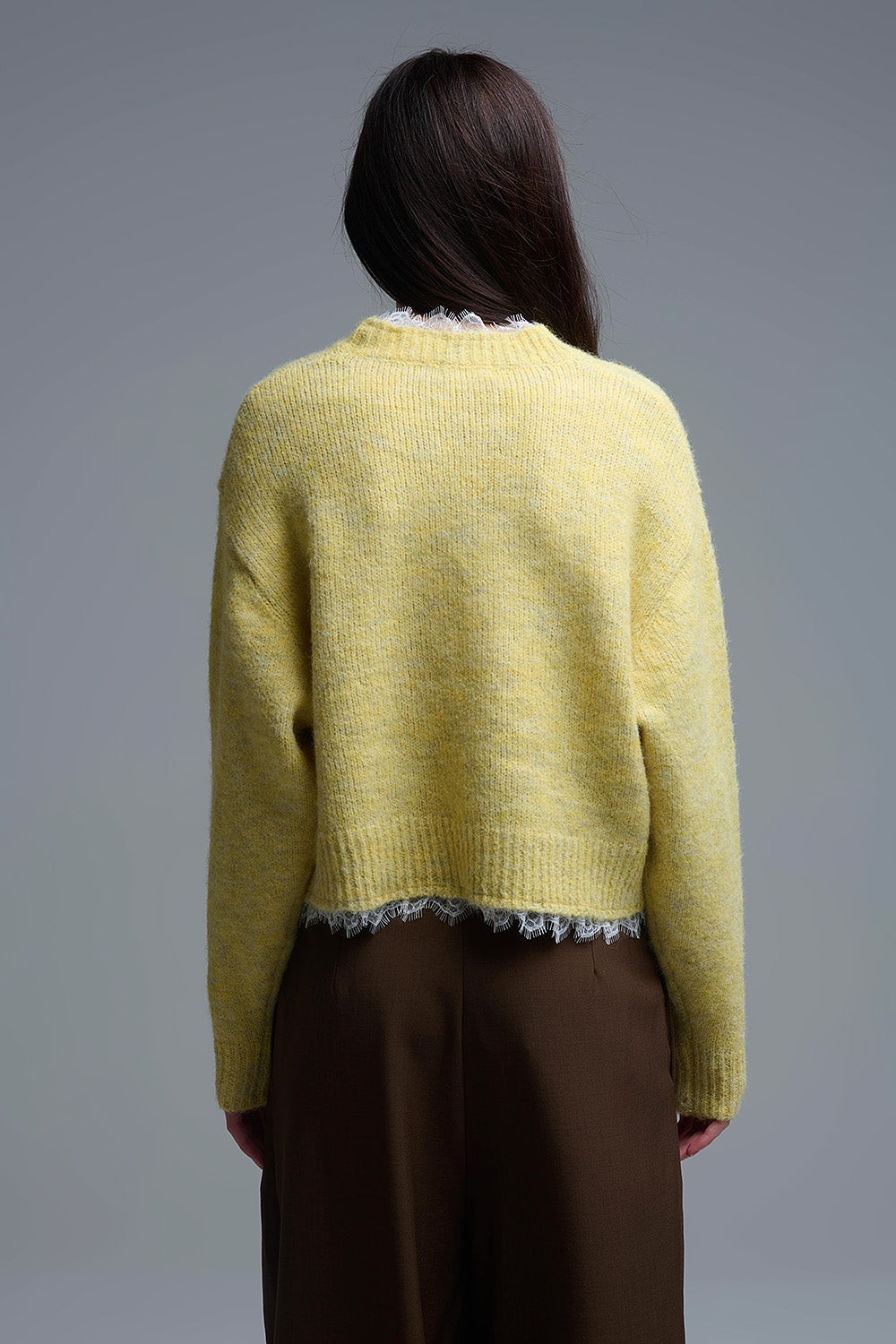 Lace Detail Relaxed Yellow Sweater - jumper