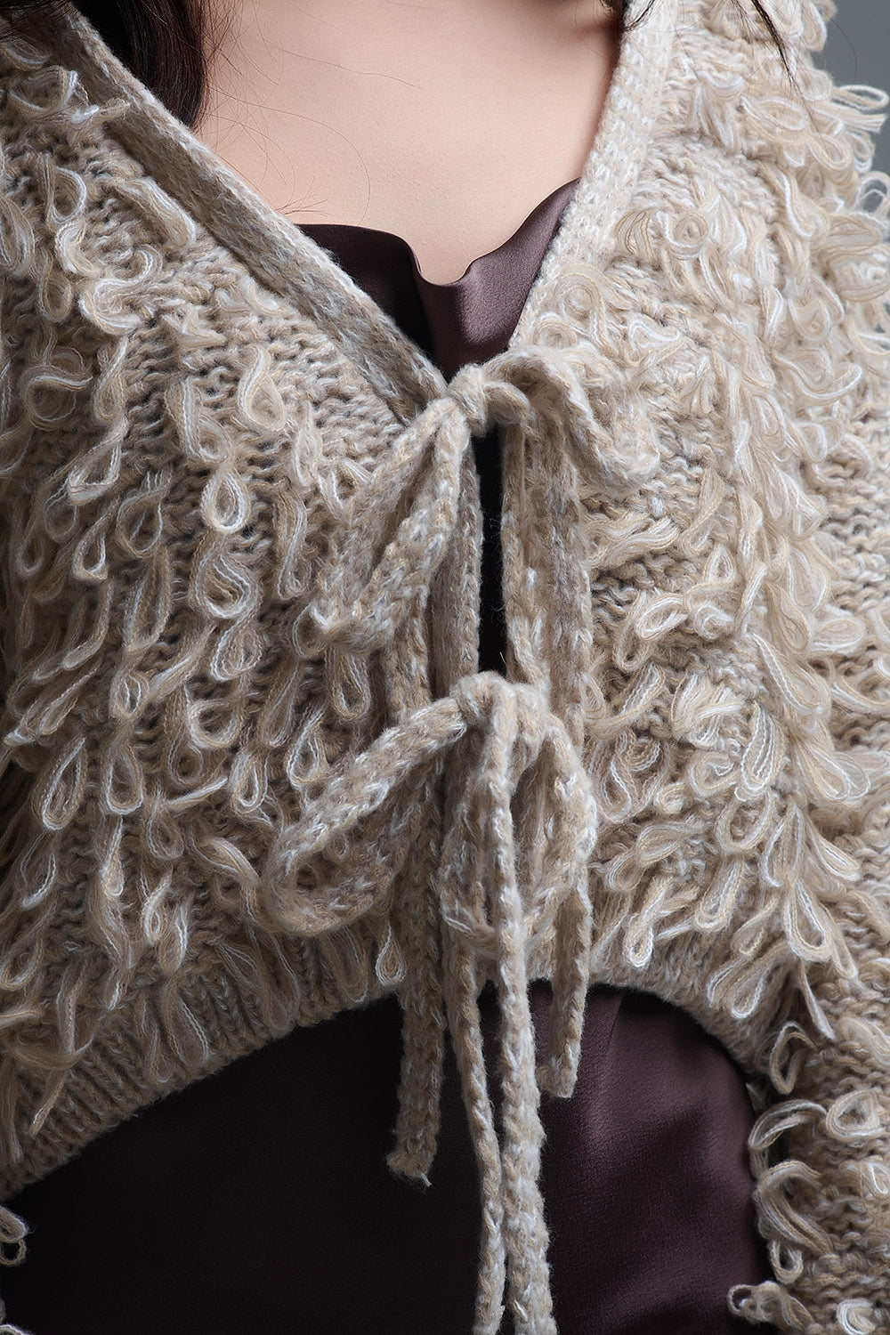 Beige Cropped chunky Knit cardigan with V-Neck and Front Tie closure