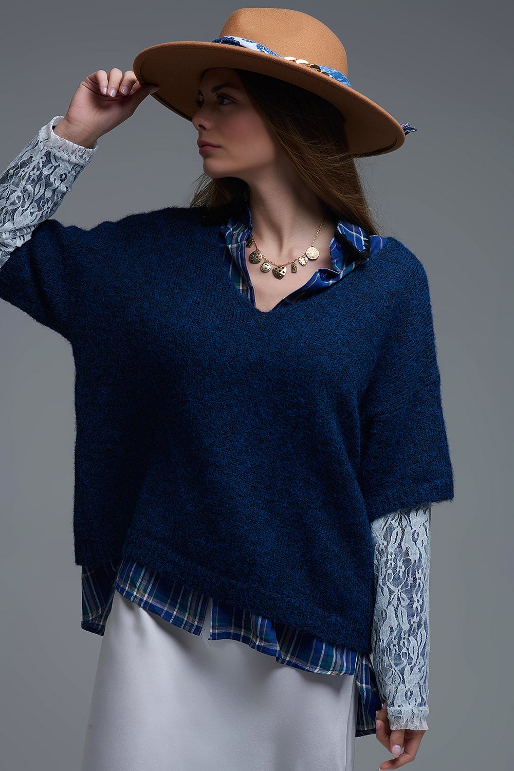 Navy Contrast V-Neck Sweater with Contrasting White lace Sleeves