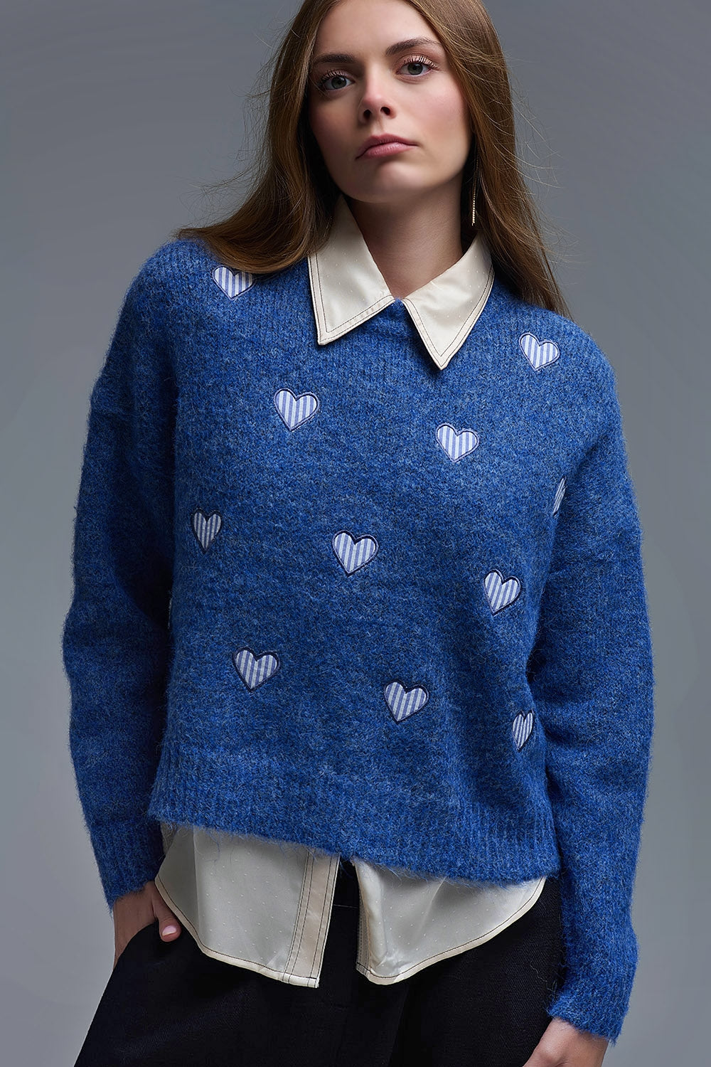 Blue Crew Neck Sweater With Striped Hearts