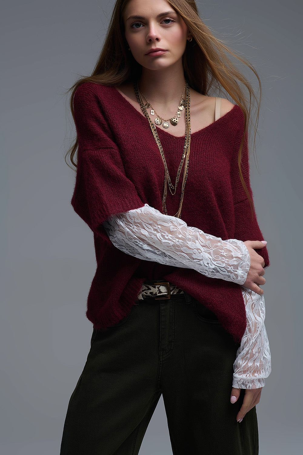 burgundy Contrast V-Neck Sweater with Contrasting White lace Sleeves - jumper