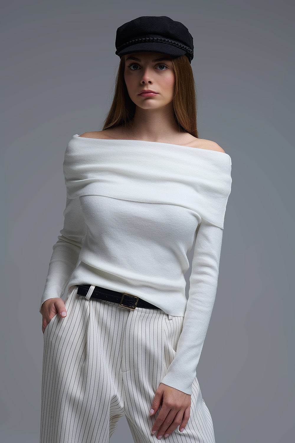 Chic Off-Shoulder boat neck Knit Top in white