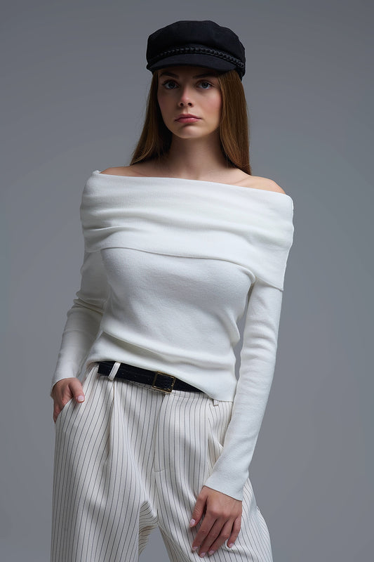 Chic Off-Shoulder boat neck Knit Top in white
