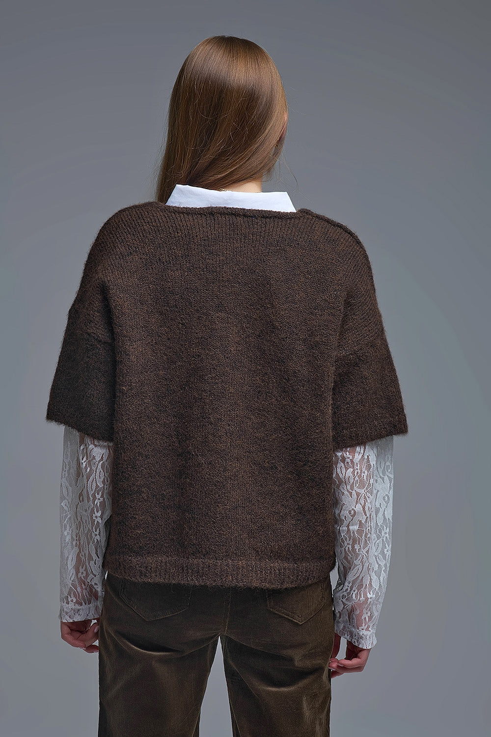 Brown Contrast V-Neck Sweater with Contrasting White lace Sleeves