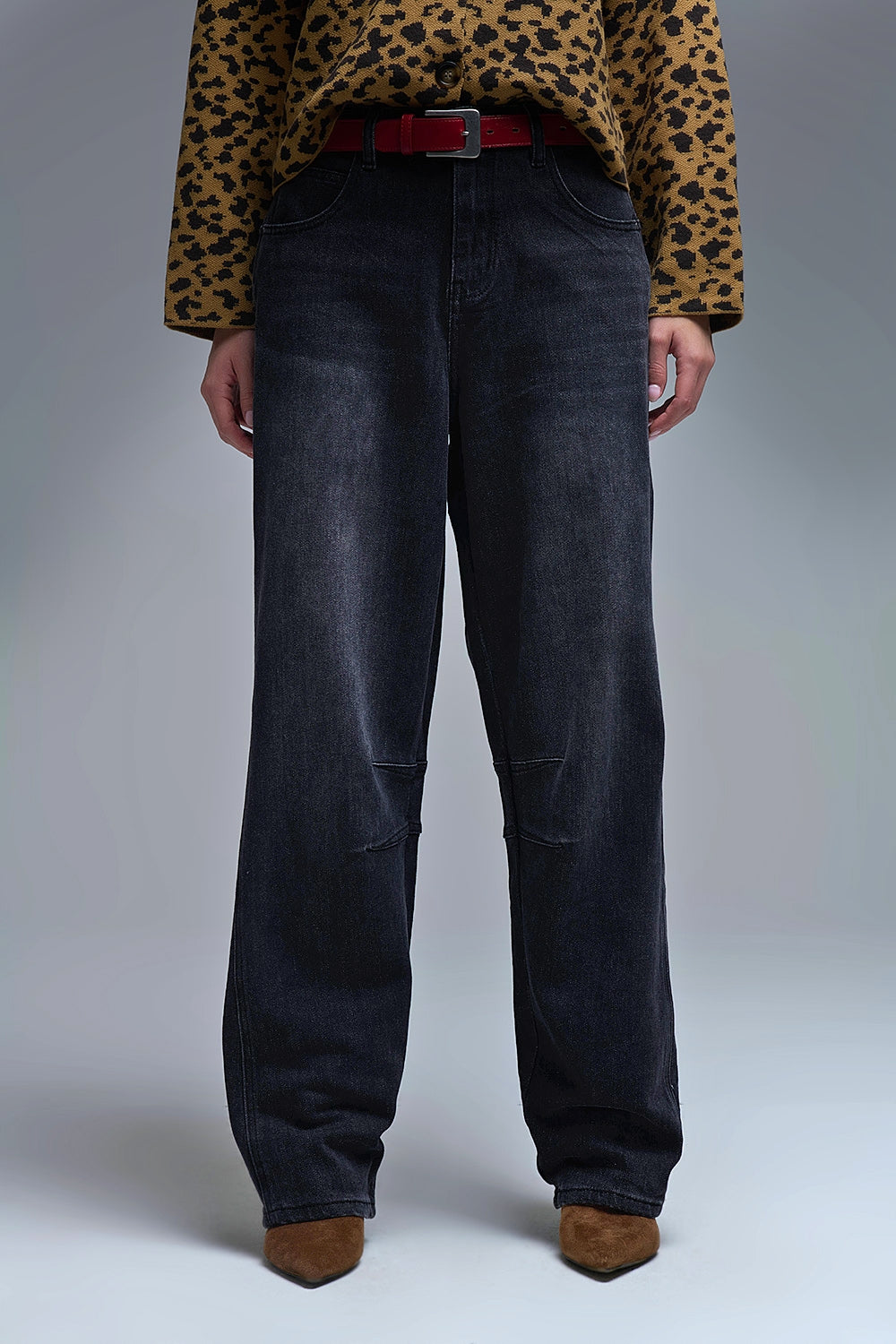 Washed Black Denim Barrel Jeans - Denim
