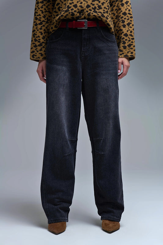 Washed Black Denim Barrel Jeans - Denim