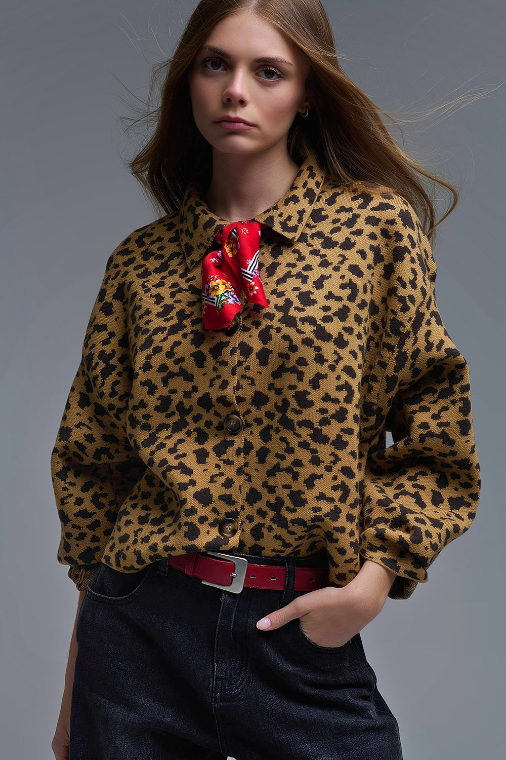 Cheetah Print Relaxed cardigan With Polo Collar