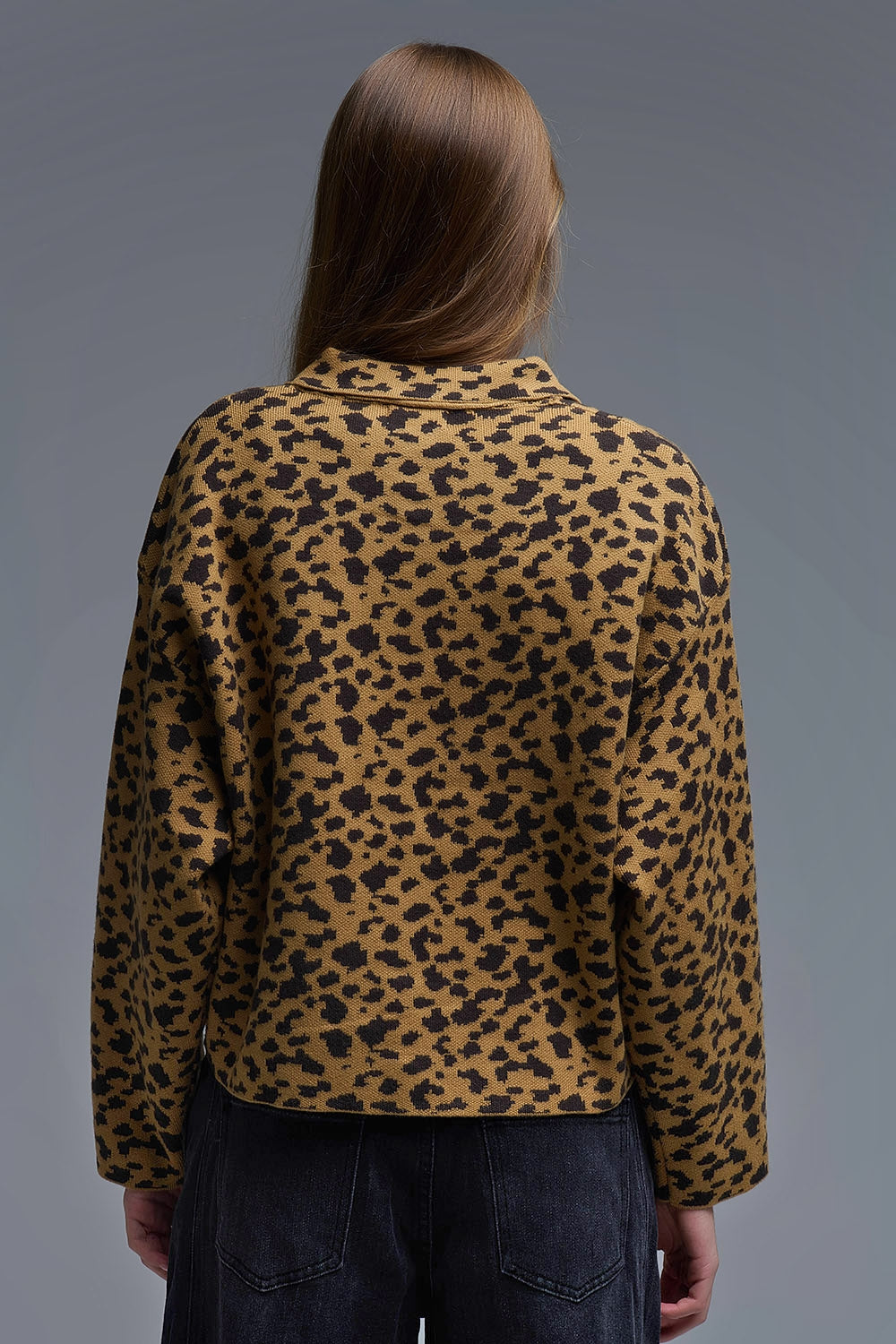 Cheetah Print Relaxed cardigan With Polo Collar