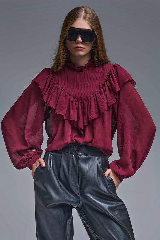 Romantic Burgundy Ruffled Long-Sleeve Blouse - Shirts