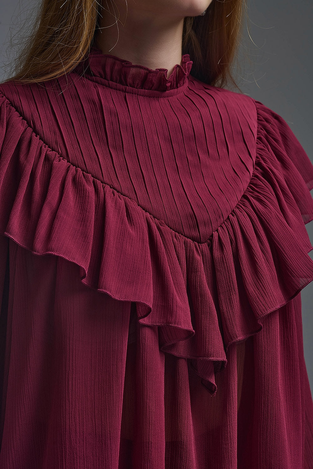 Romantic Burgundy Ruffled Long-Sleeve Blouse - Shirts