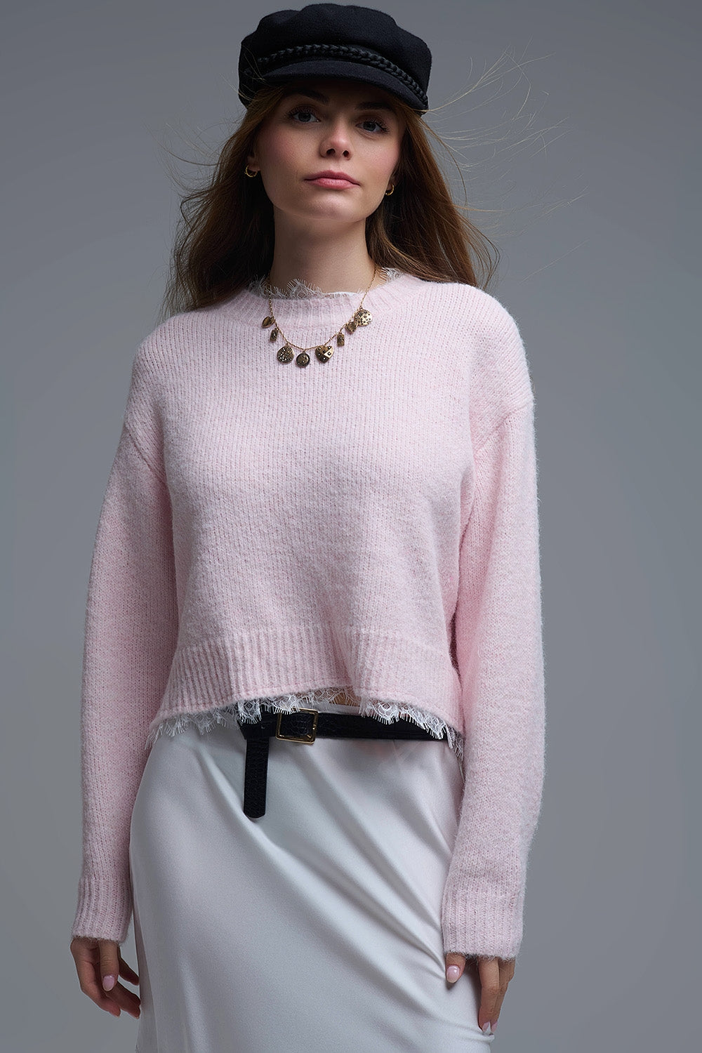 Lace Detail Relaxed Pink Sweater in Pink