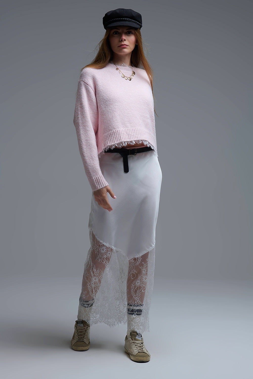 Lace Detail Relaxed Pink Sweater in Pink