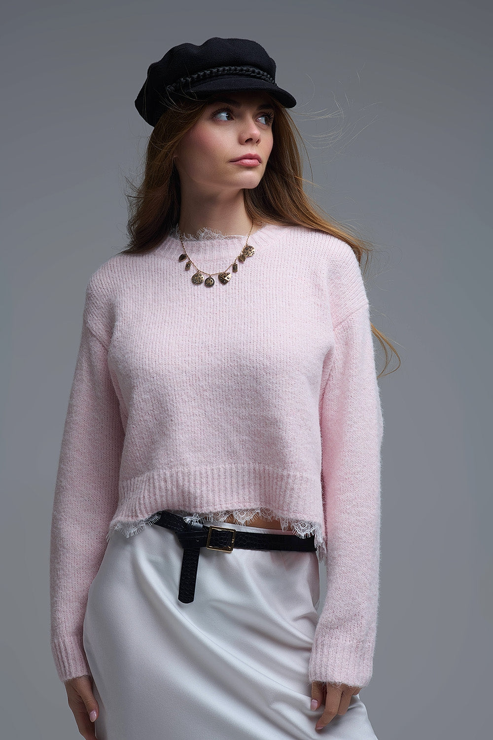 Lace Detail Relaxed Pink Sweater in Pink