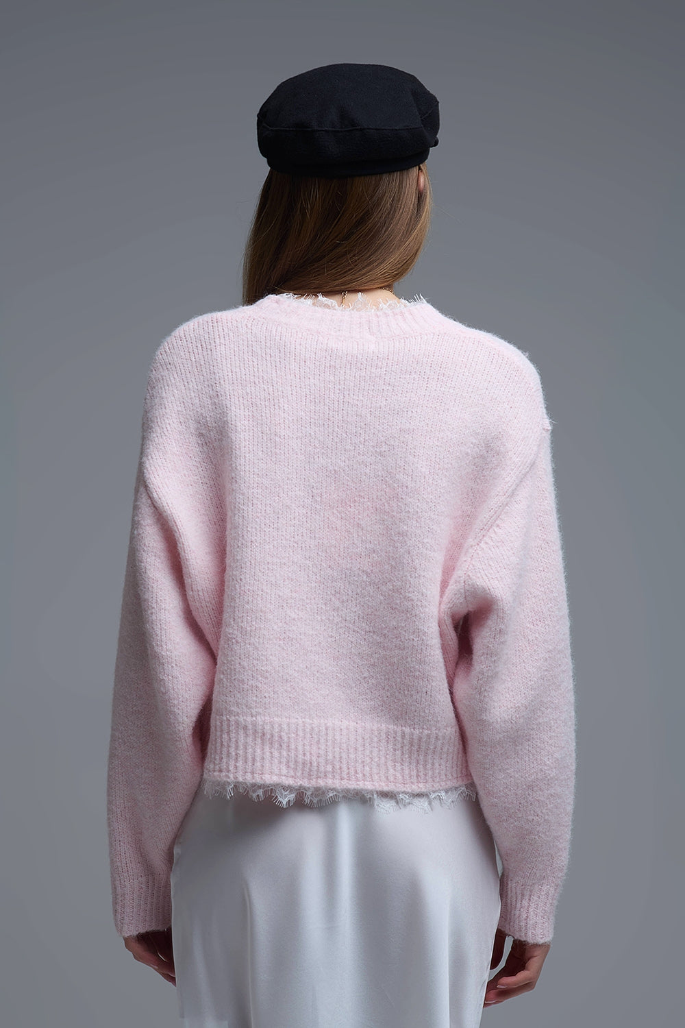 Lace Detail Relaxed Pink Sweater in Pink