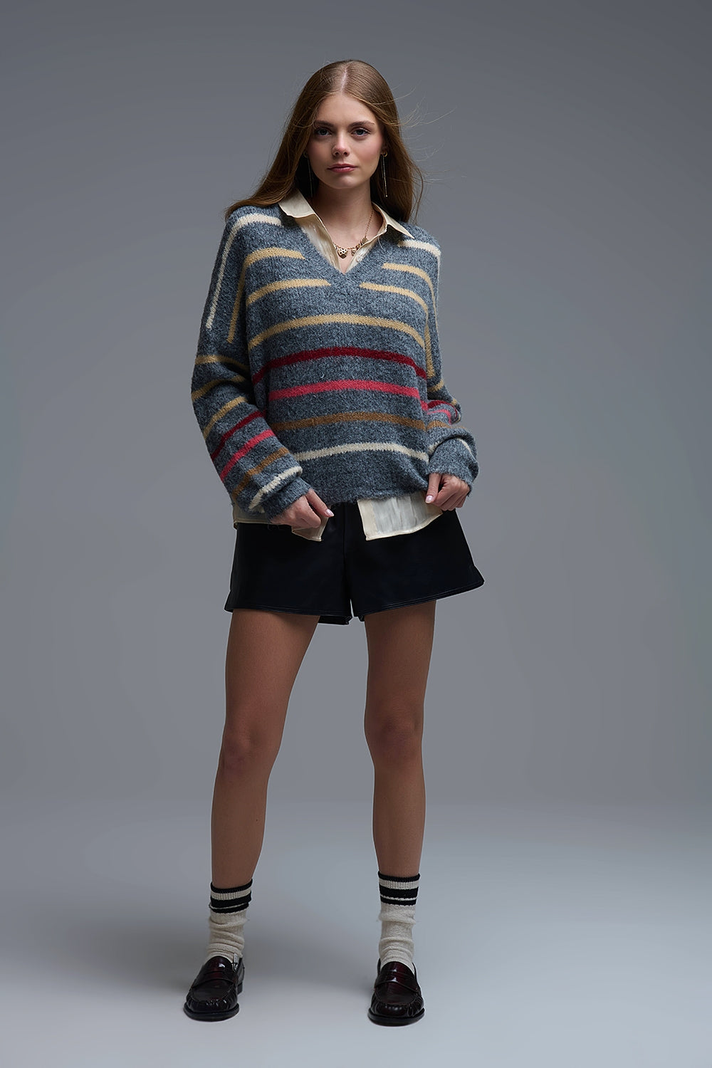 Grey Oversized Multicolor Stripe Sweater