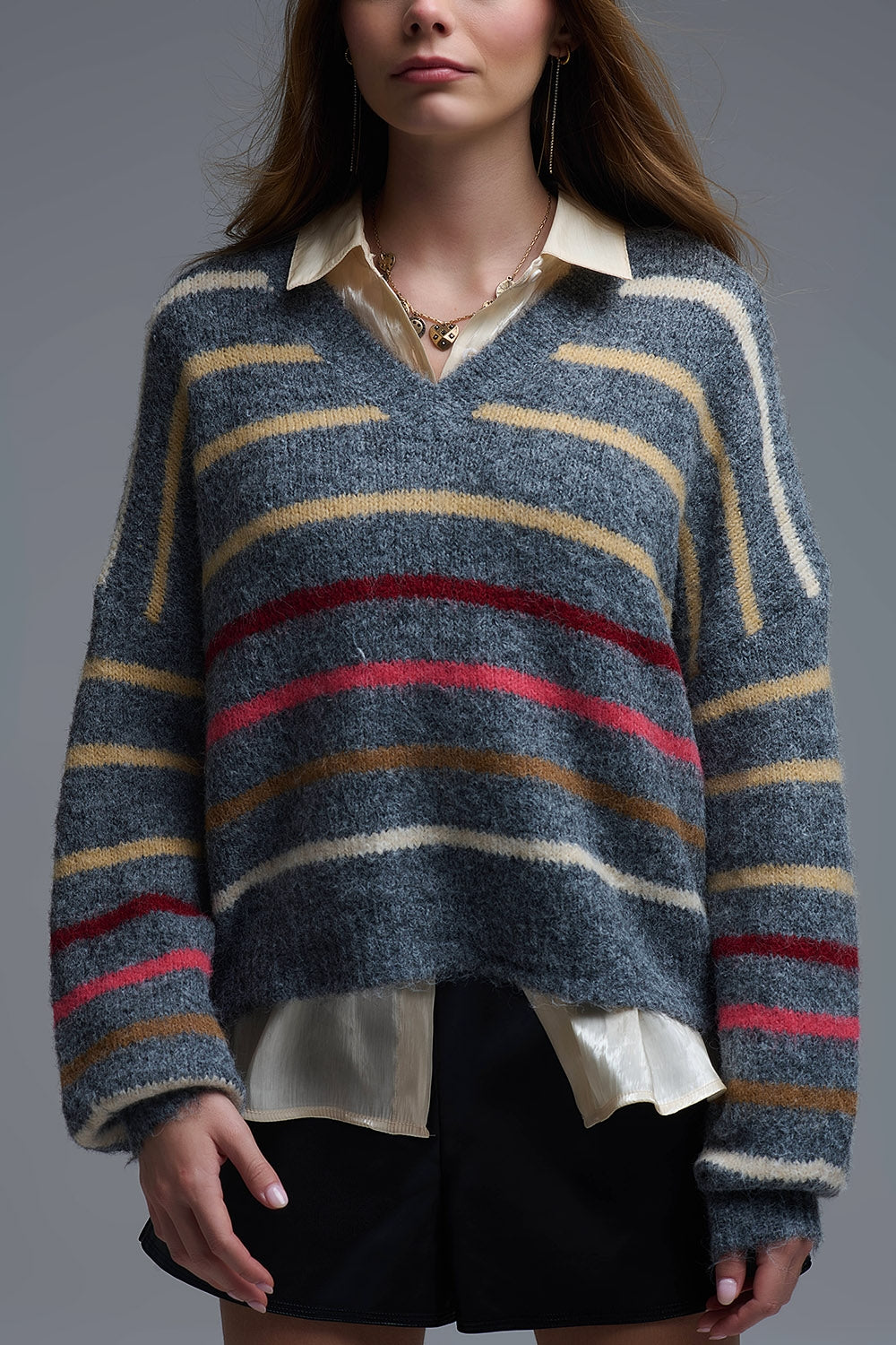 Grey Oversized Multicolor Stripe Sweater