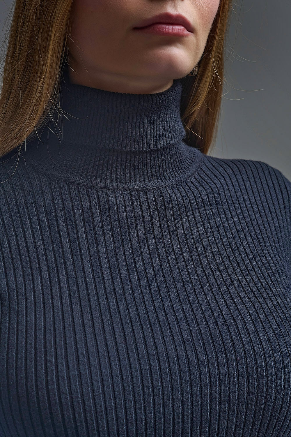 Rolled Turtle Neck Ribbed Sweater in black