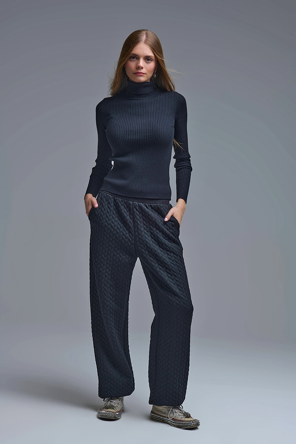 Rolled Turtle Neck Ribbed Sweater in black