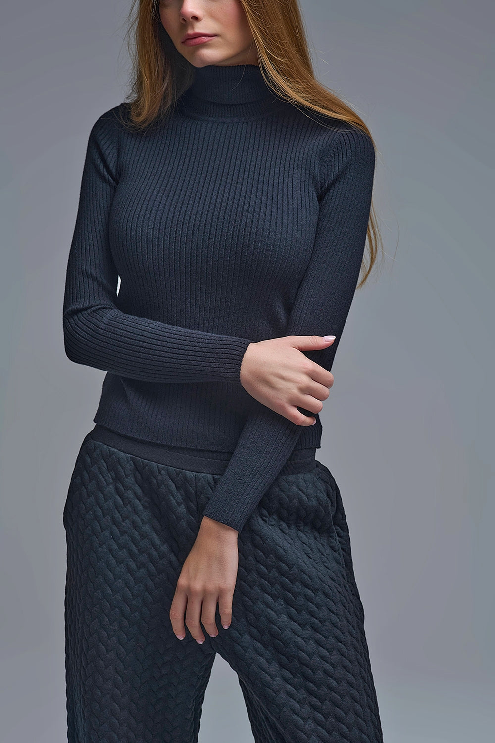 Rolled Turtle Neck Ribbed Sweater in black