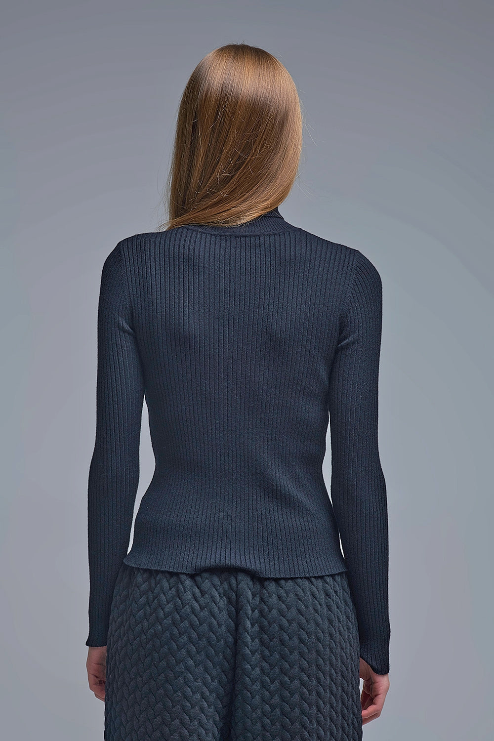 Rolled Turtle Neck Ribbed Sweater in black
