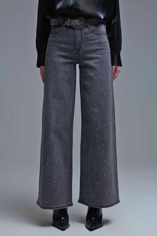 Black Rhinestone Wide-Leg Jeans - Denim
