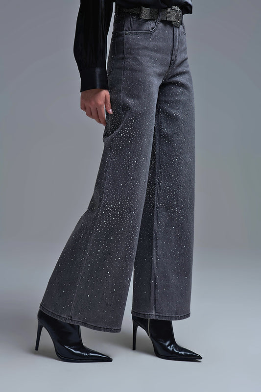 Black Rhinestone Wide-Leg Jeans - Denim