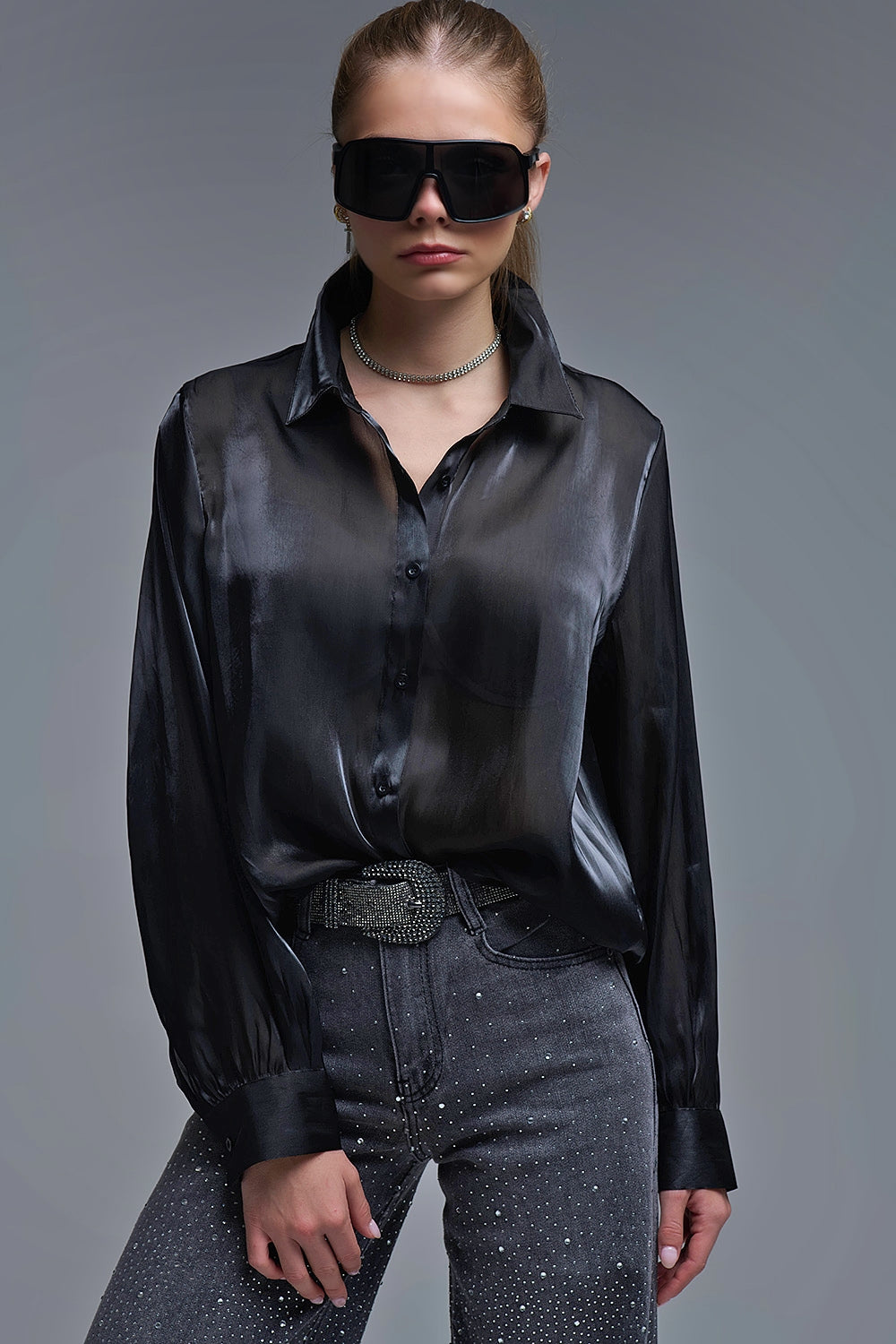 Elegant Black Shirt in Satin Silk - Shirts