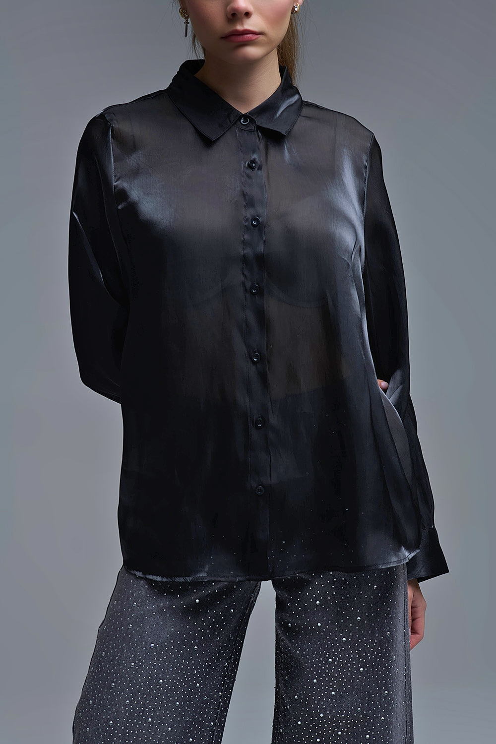 Elegant Black Shirt in Satin Silk - Shirts