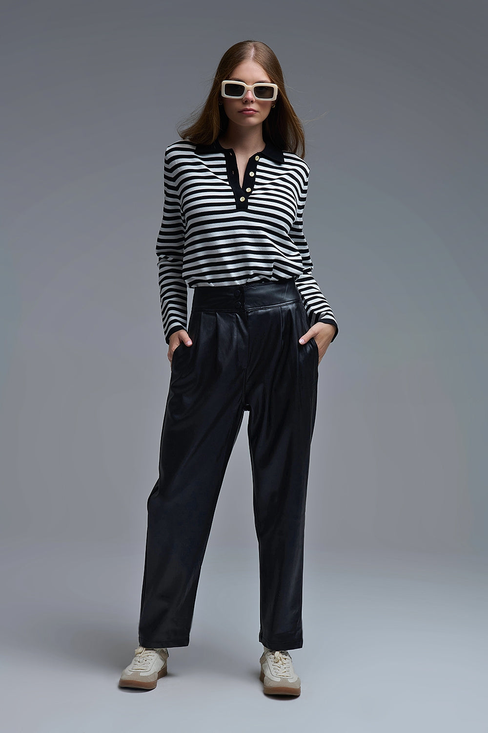 Black & White Striped Long-Sleeve Polo