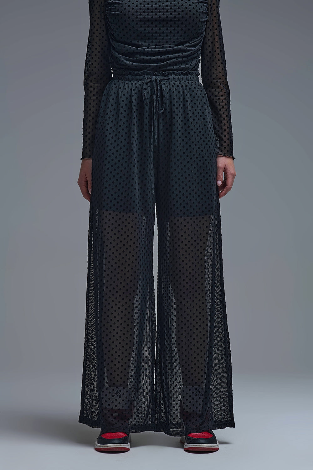 Chic Black Sheer Polka Dot Pants - trousers