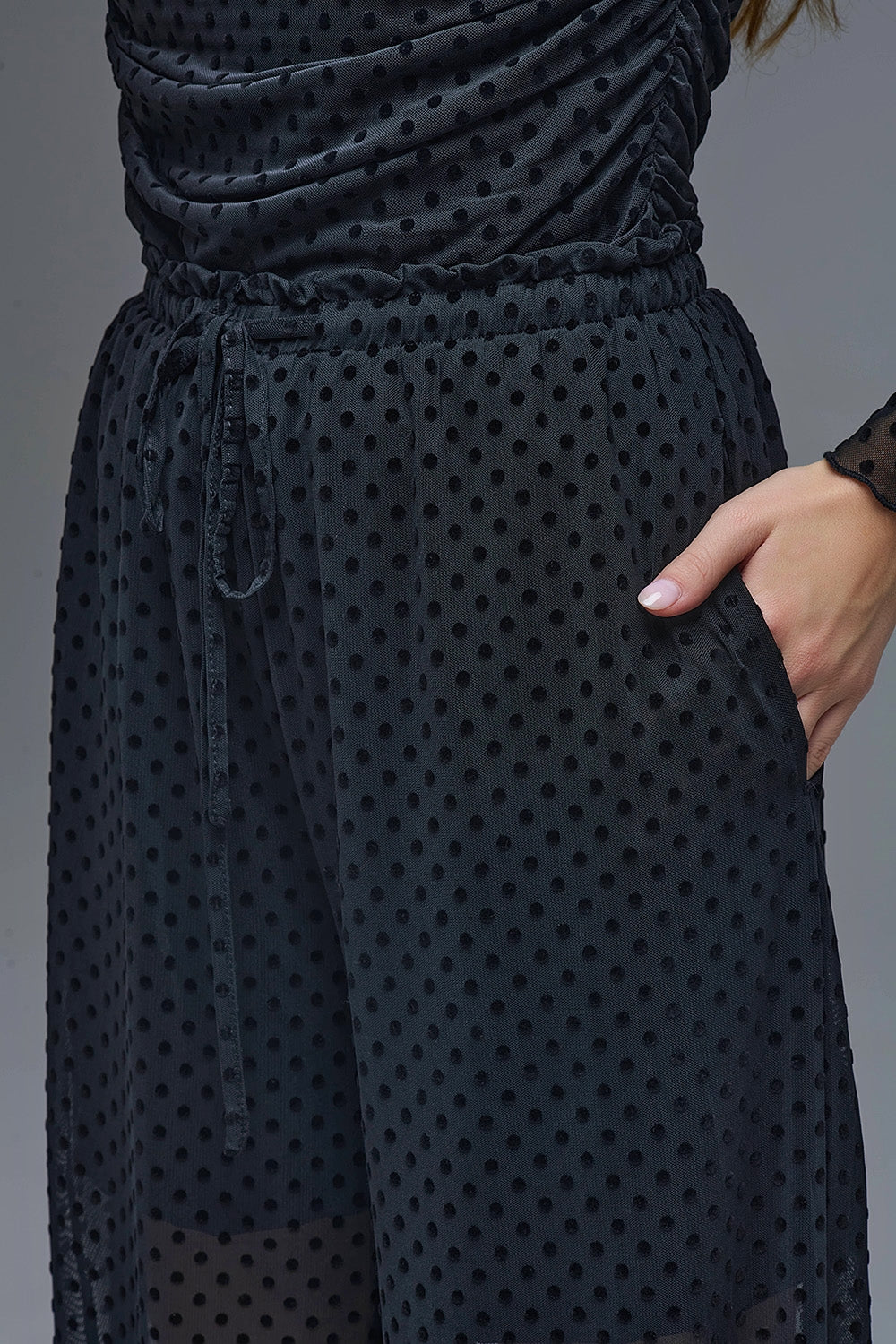 Chic Black Sheer Polka Dot Pants - trousers