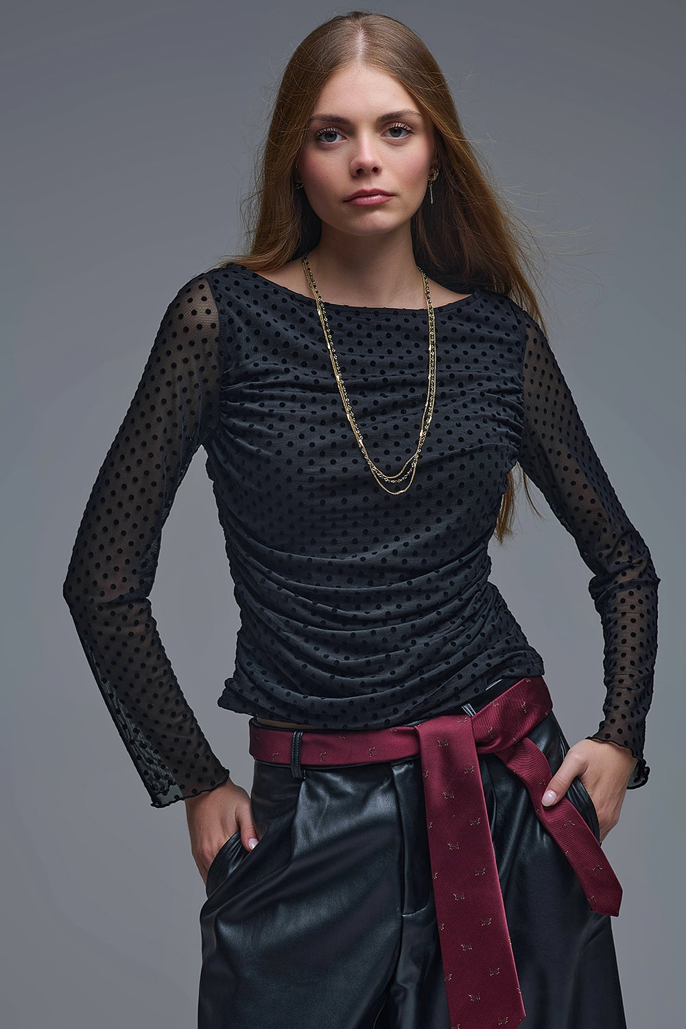 Chic Black Sheer Polka Dot Top - top