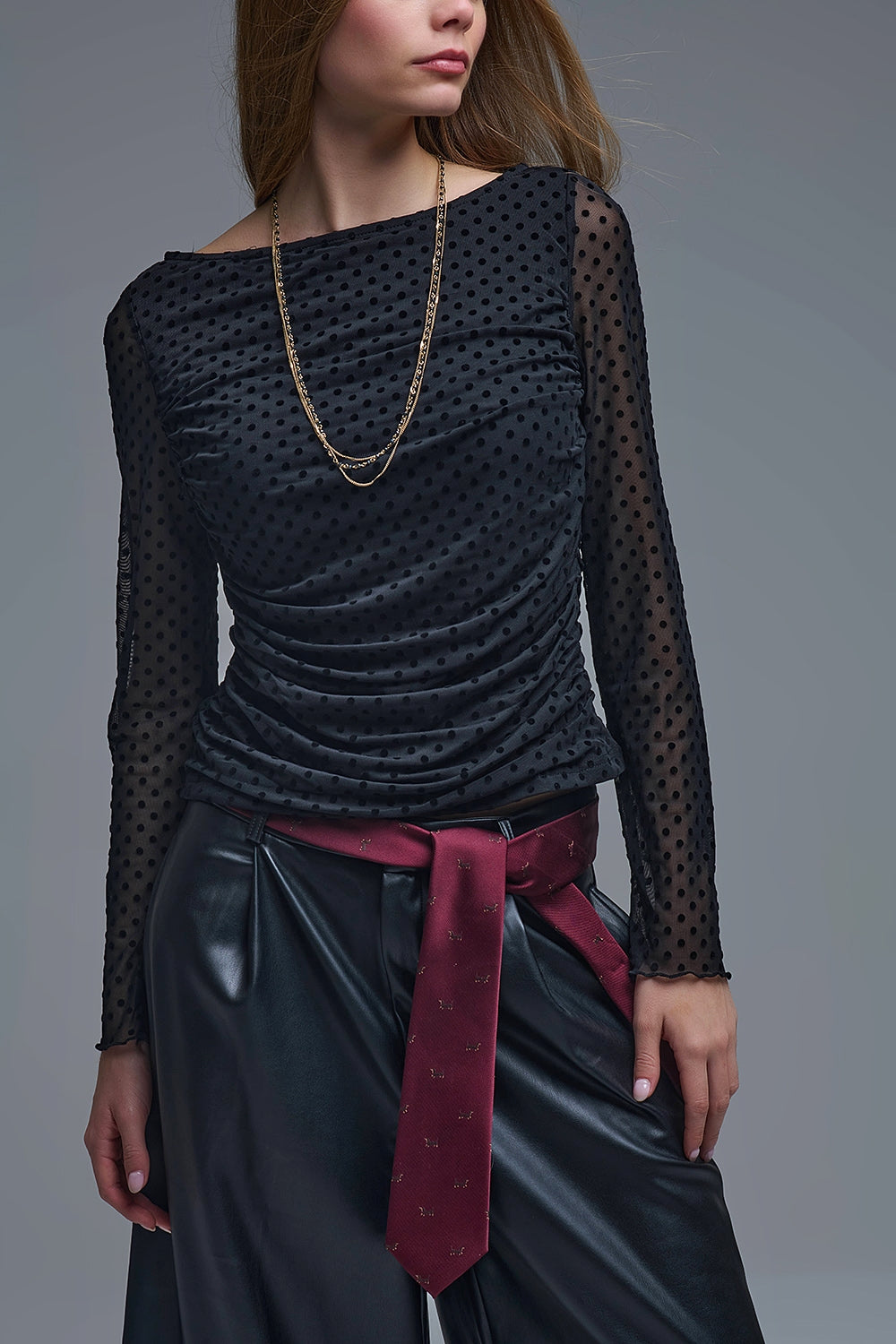 Chic Black Sheer Polka Dot Top - top