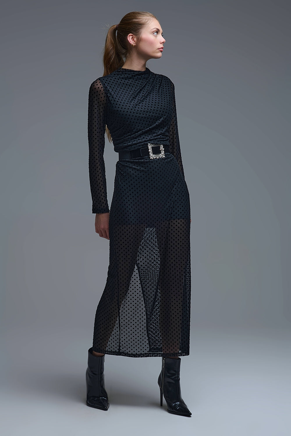 Chic Black Sheer Polka Dot Midi Dress - dress