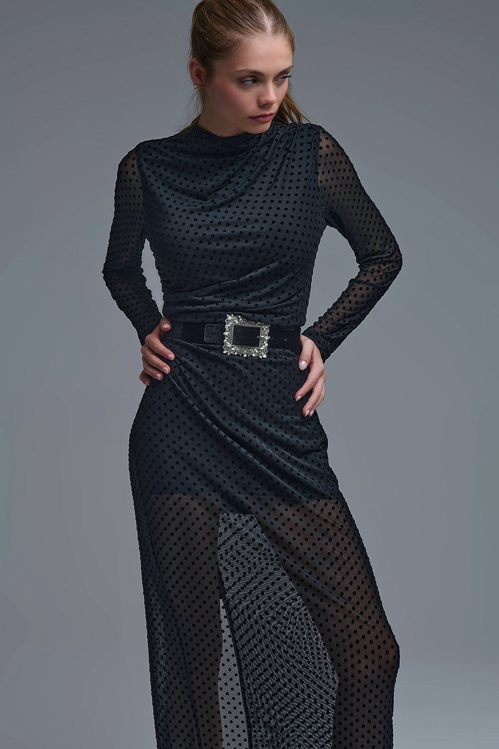 Chic Black Sheer Polka Dot Midi Dress - dress