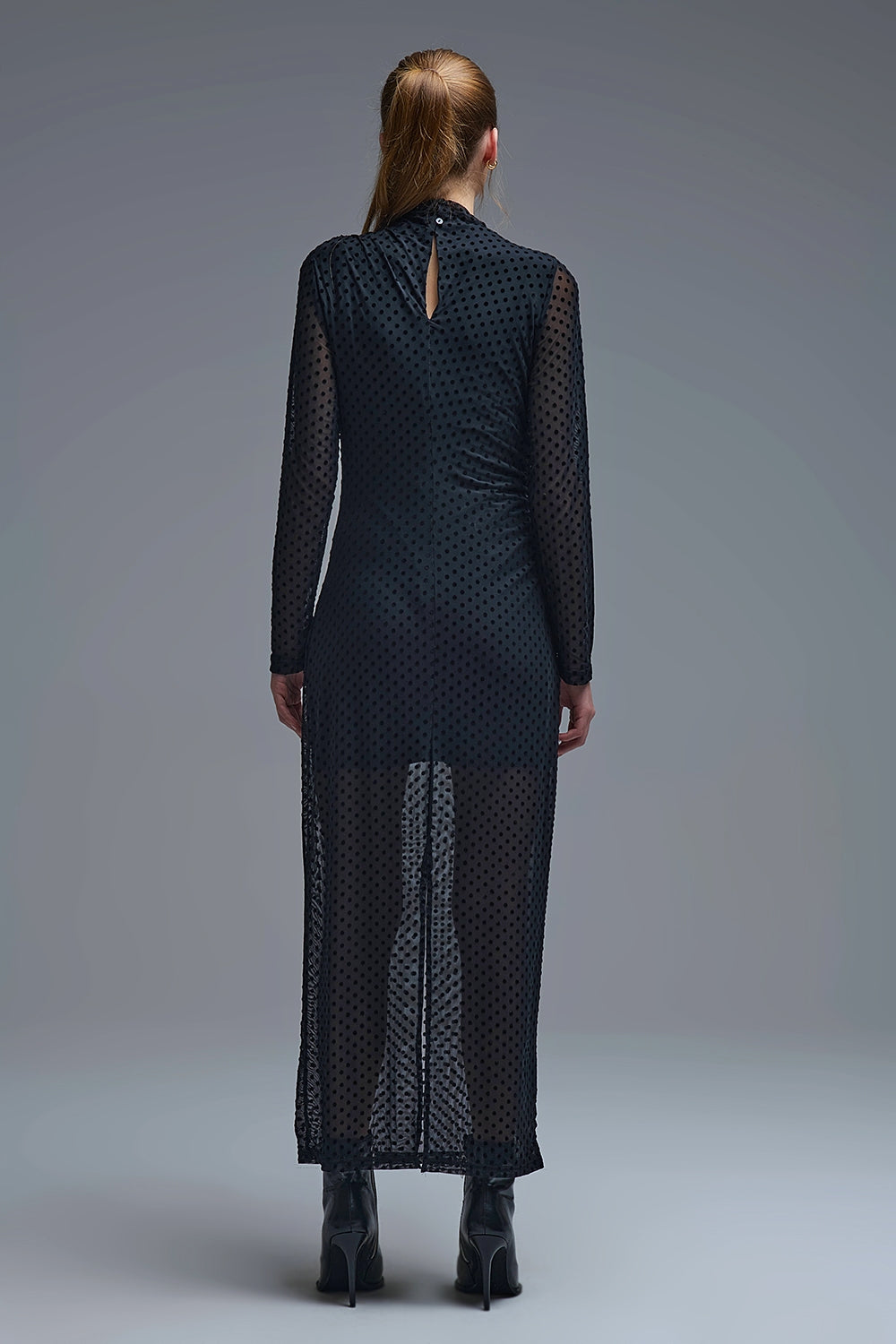 Chic Black Sheer Polka Dot Midi Dress - dress