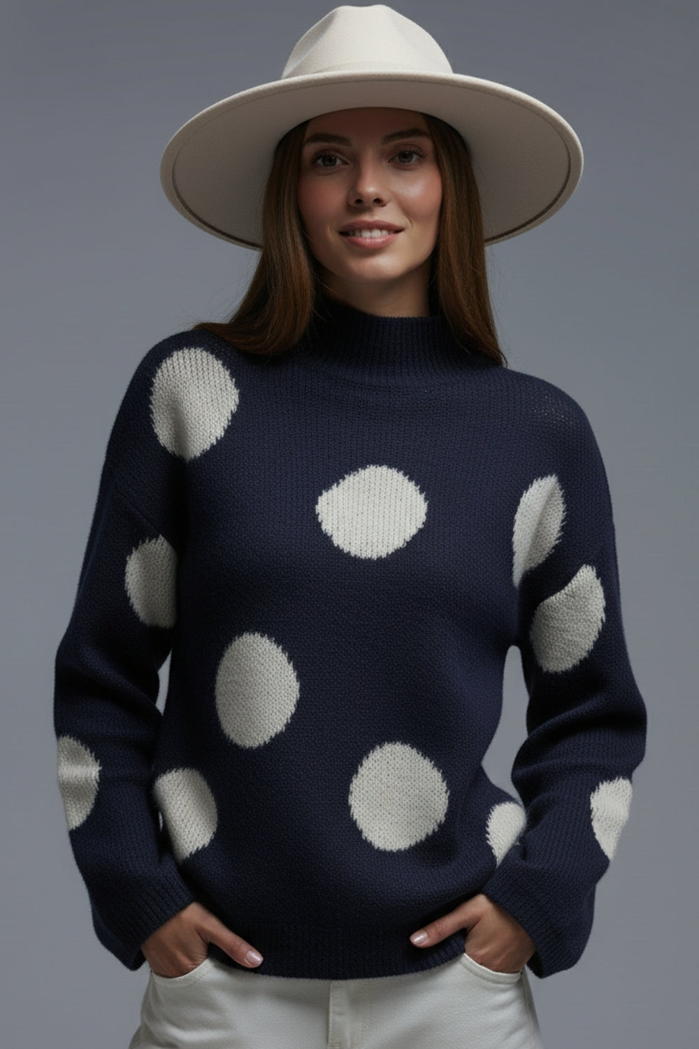 High-Neck Polka Dot Sweater With Bell Sleeves in navy - jumper