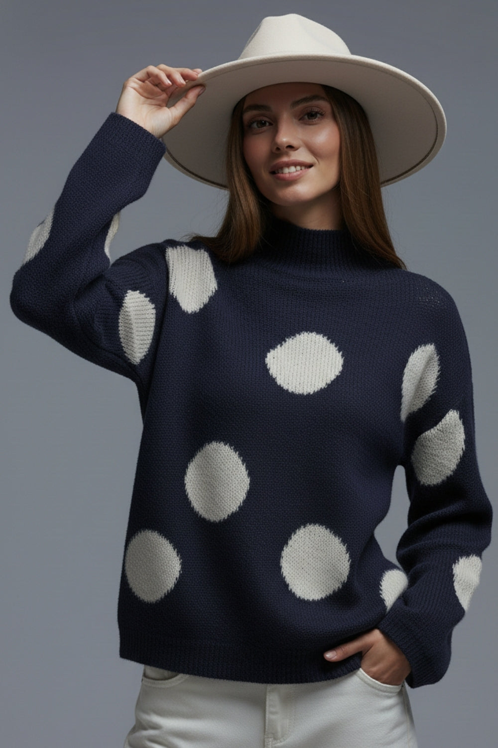 High-Neck Polka Dot Sweater With Bell Sleeves in navy - jumper