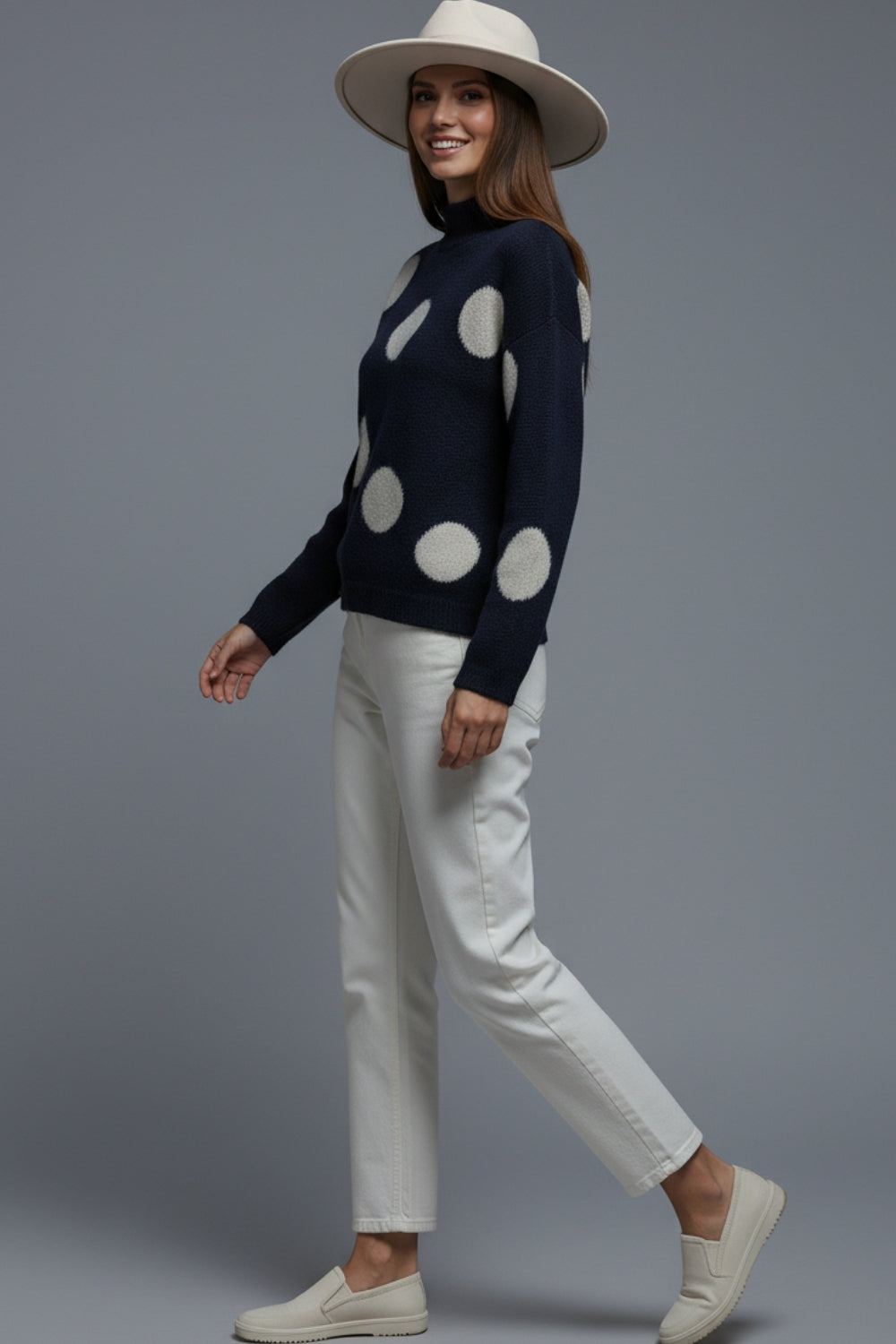 High-Neck Polka Dot Sweater With Bell Sleeves in navy - jumper